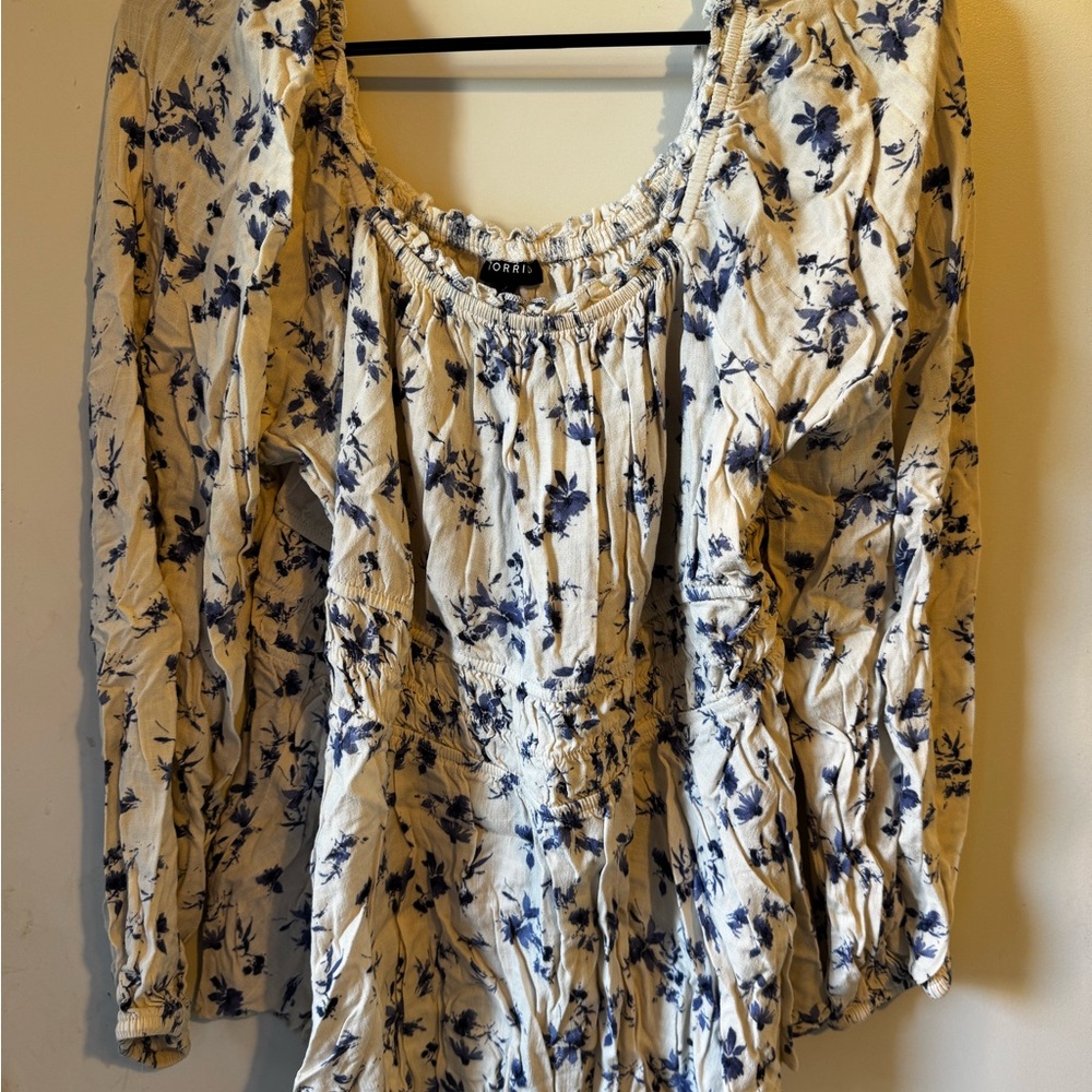 Torrid Blue and White Smocked Blouse